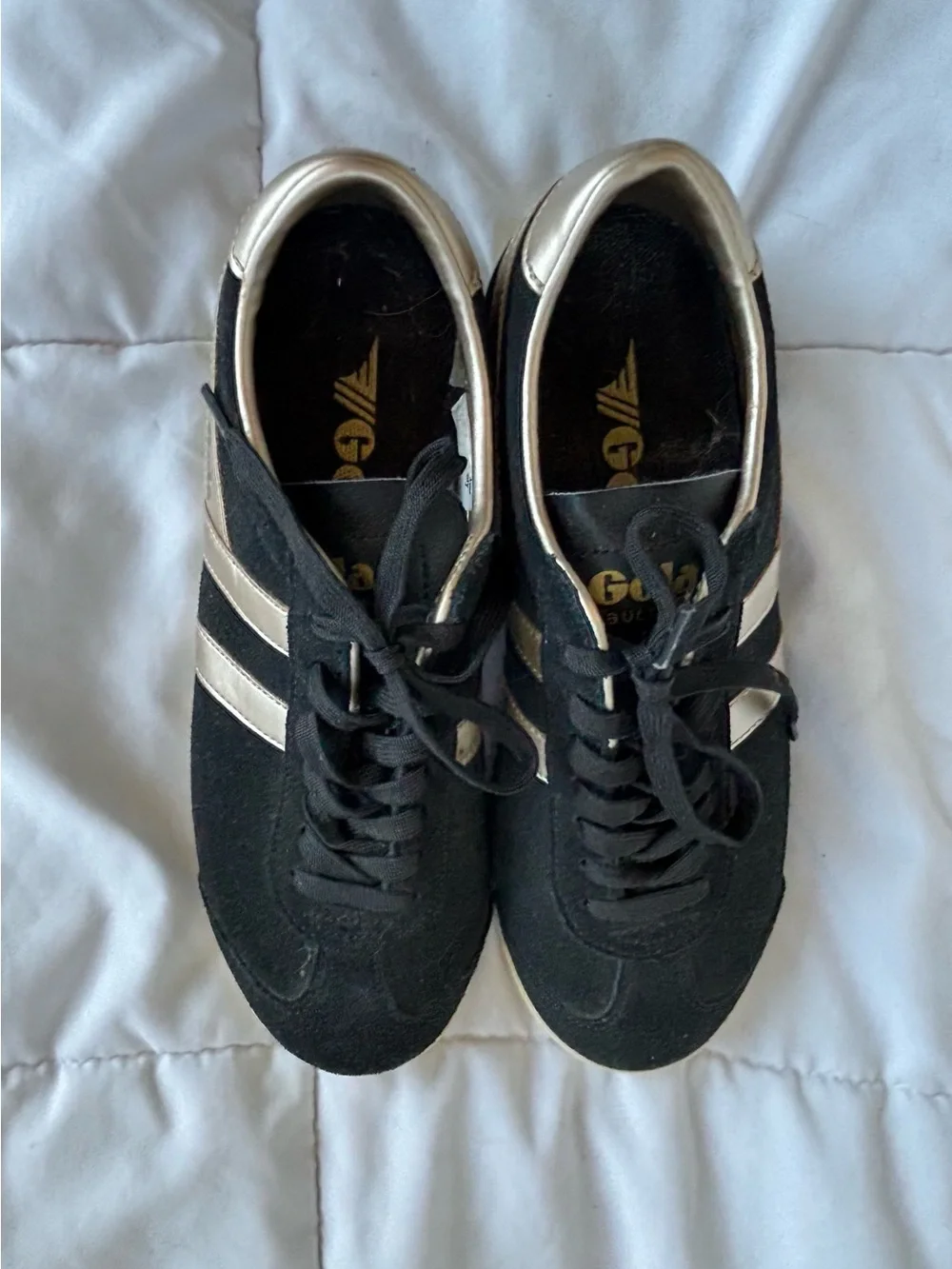 Gola Bullet Pearl Suede Sneakers Black Gold Metallic Retro Trainer US 7